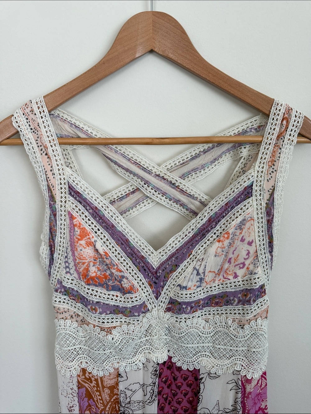 Anthropologie Boho Patchwork Maxi Dress in Pink & Cream